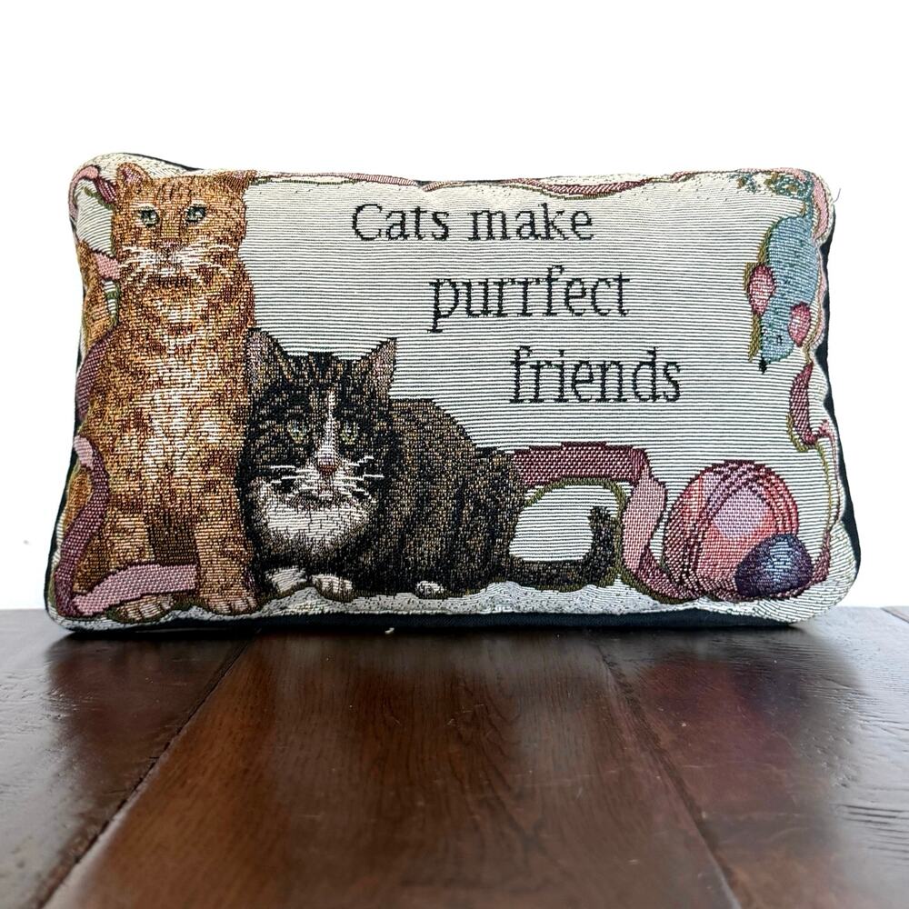 Vintage Needlepoint Pillow – “Cats Make Purrfect Friends” Decorative Accent